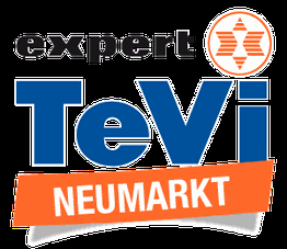 Expert TeVi Neumarkt-Logo mit orangefarbenem Streifen und Sternsymbol.