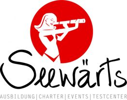 Logo mit stilisierter Figur und Fernrohr, Text: "Seewärts - Ausbildung | Charter | Events | Testcenter".