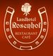 Logo des Landhotels Rosenhof mit Hufeisen und Rose auf rotem Hintergrund.