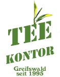 Logo mit grünem Text "TEE KONTOR" und Teeblatt, "Greifswald seit 1995" darunter.