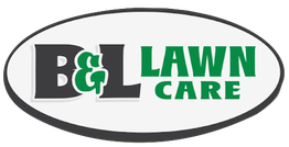 B&L Lawn Care logo with black and green text on a white oval background.