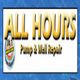 "Logo for All Hours Pump & Well Repair with a 24/7 service highlight on a blue background."