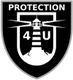 Schwarzes Wappen mit Leuchtturm und Text "PROTECTION 4 U" in Weiß.