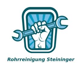 Eine Faust hält einen Schraubenschlüssel, „Rohrreinigung Steininger“ steht darunter.