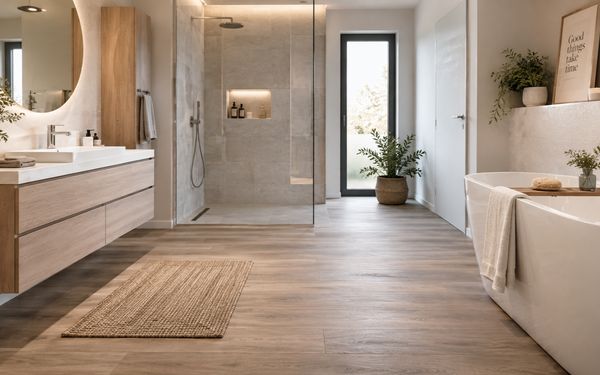 Modernes Badezimmer mit verlegtem Klickvinyl in Holzoptik, bodengleicher Dusche, freistehender Badewanne und hellem Waschtisch.