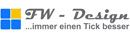 Logo von FW-Design mit Slogan „...immer einen Tick besser“ und buntem Quadrat links.