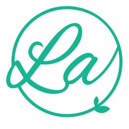Stylized teal "La" inside a circle, with a small leaf detail at the bottom.