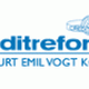 Creditreform Frankfurt Emil Vogt KG Logo in Blau mit einem stilisierten Globus darüber.