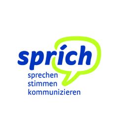 Sprechblase mit "sprich" in blauem Text, darunter "sprechen, stimmen, kommunizieren" in Blau.