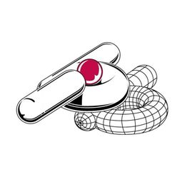 Abstrakte 3D-Kunst mit Formen, Linien und einem roten Kreis auf weißem Hintergrund.