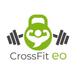 Logo von CrossFit eo mit grüner Kettlebell und Arme-Hantel-Illustration.