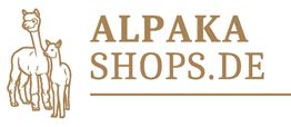 Zeichnung von zwei Alpakas neben dem Text "Alpakashops.de" in brauner Schrift.
