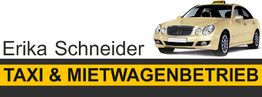 Erika Schneider Taxi- und Mietwagenbetrieb, mit einem gelben Taxi auf der rechten Seite.