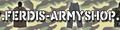 Camouflagemuster mit Text "Ferdis-Armyshop" und Bildern von Jacken auf Tarnhintergrund.