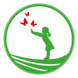 Mädchen-Silhouette und rote Schmetterlinge in grünem Kreis, Naturthema.