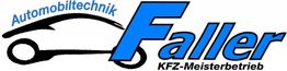 Logo von Automobiltechnik Faller, KFZ-Meisterbetrieb, mit Auto-Silhouette und blauem Schriftzug.