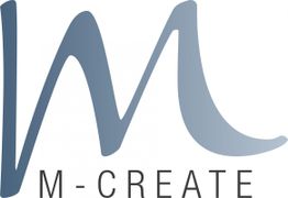 Logo mit geschwungenem blauen "M" und darunter der Schriftzug "M-CREATE" in Grau.