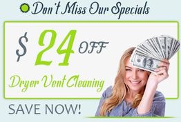 Woman holding cash, offering $24 off dryer vent cleaning. "Don't Miss Our Specials. Save Now!"