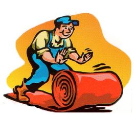 Mann in Arbeitskleidung rollt roten Teppich aus.