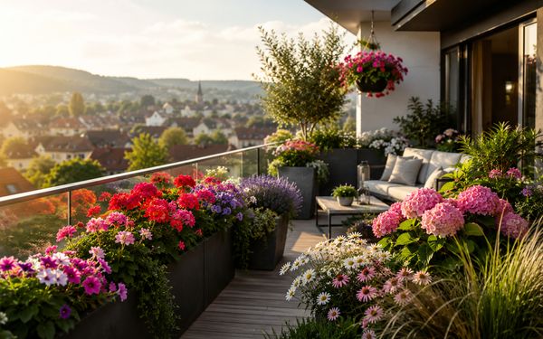 Moderner Balkon im obersten Stock mit üppiger blühender Bepflanzung in Pflanzkästen bei warmem Sonnenlicht.