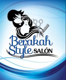 Logotipo de "Berakah Style Salón" con siluetas de rostros, tijeras y cepillo sobre fondo azul.