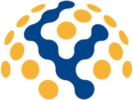 Gelbes und blaues abstraktes Logo mit Punkten in Halbkreisform.