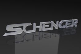 Der 3D-Schriftzug "SCHENGER" in silberner Farbe vor schwarzem Hintergrund.
