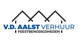 Logo van V.D. Aalst verhuur met tekst: feestbenodigdheden en drie dakvormige lijnen.