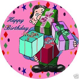 Mann mit Geschenken, "Happy Birthday"-Text, bunte Hintergrundmuster.