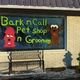 Pet shop window with a painted hydrant and dog, labeled "Bark n Call Pet Shop n Grooming."