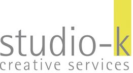 Logo mit Text "studio-k creative services" in Grau, der Buchstabe "k" steht in gelbem Streifen.