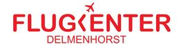 Logo mit rotem Text "FLUGENTER DELMENHORST", Flugzeug-Icon als Buchstabe "K".