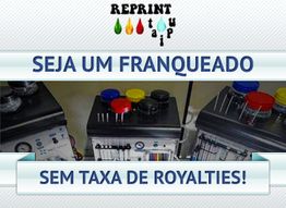 Máquinas de impressão com texto promocional para franquia sem taxa de royalties.