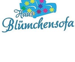 Blaues Logo mit Sofa und Blumen. Text: "Haus Blümchensofa".
