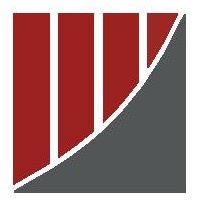 Rotes und graues abstraktes Logo mit gebogenen Linien und Rechtecken.