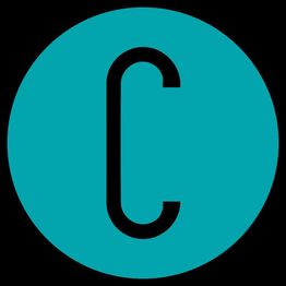 Cerchio turchese con lettera "C" nera al centro. Sfondo nero.