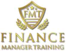 Gold shield logo with "FMT" above "Finance Manager Training" and laurel branches.
