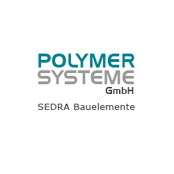 Textlogo von "POLYMER SYSTEME GmbH, SEDRA Bauelemente" in blau und grau auf weißem Hintergrund.