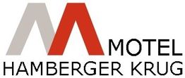 Logo des Motels "Hamberger Krug" mit stilisiertem roten und grauen "M" darüber.