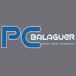 Logo de PC Balaguer, servicio técnico informático, en fondo gris.