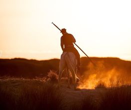 Reiter auf Pferd mit Lanze, im Sonnenuntergang, bewegt sich durch staubige Landschaft.