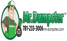 Cartoon worker with a trash bag, "Mr. Dumpster" text, phone: 781-233-3006, website: mr-dumpster.com.