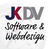 Logo mit Schriftzug "JKDV Software & Webdesign" auf grauem Hintergrund.