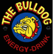 The Bulldog Energy-Drink-Logo mit einem gelben Bulldoggenkopf in einem blauen Kreis.