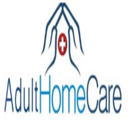 Logo with two hands, red cross, and text "Adult Home Care" in blue and black.