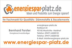 Visitenkarte von energiespar-platz.de mit Kontaktdaten und Slogan: "Ideen zum Energie sparen".