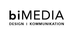 Logo mit Text "biMEDIA DESIGN | KOMMUNIKATION" in Schwarz auf weißem Hintergrund.