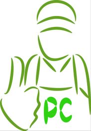 Abstrakte grüne Figur mit Mütze und Handzeichen, Buchstaben "PC" auf Brust.