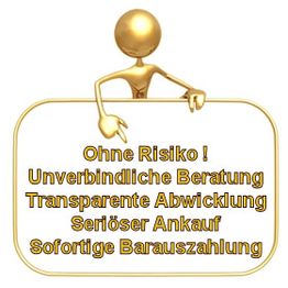 Goldfarbene Figur hält Schild: "Ohne Risiko! Unverbindliche Beratung, seriöser Ankauf, sofortige Auszahlung".
