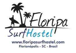 Logo do Floripa Surf Hostel com palmeiras e surfista; site: floripasurfhostel.com, Florianópolis.